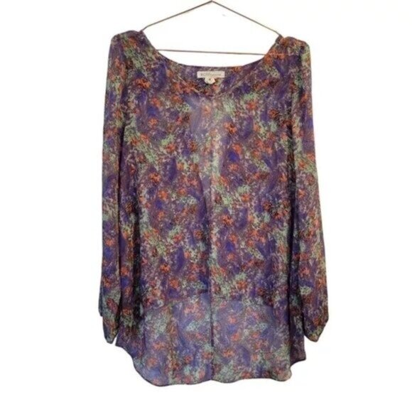 BCBG Generation Sheer Multicolor Water Color Cut Out Back High Low Blouse - Picture 1 of 9